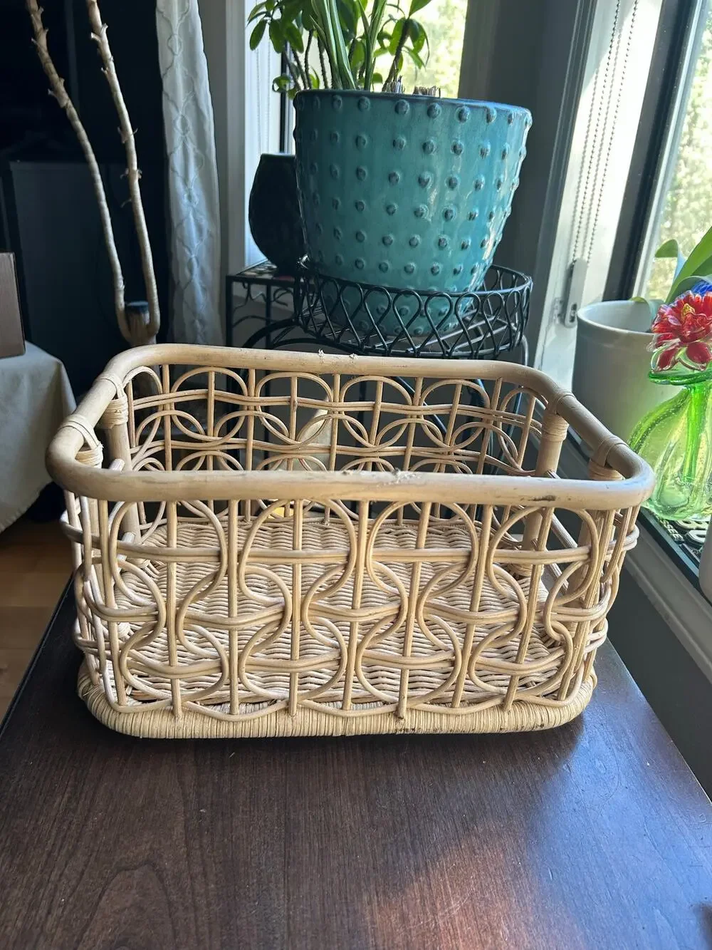 Vintage Wicker Basket Rattan MCM Bamboo Caddy Carrier